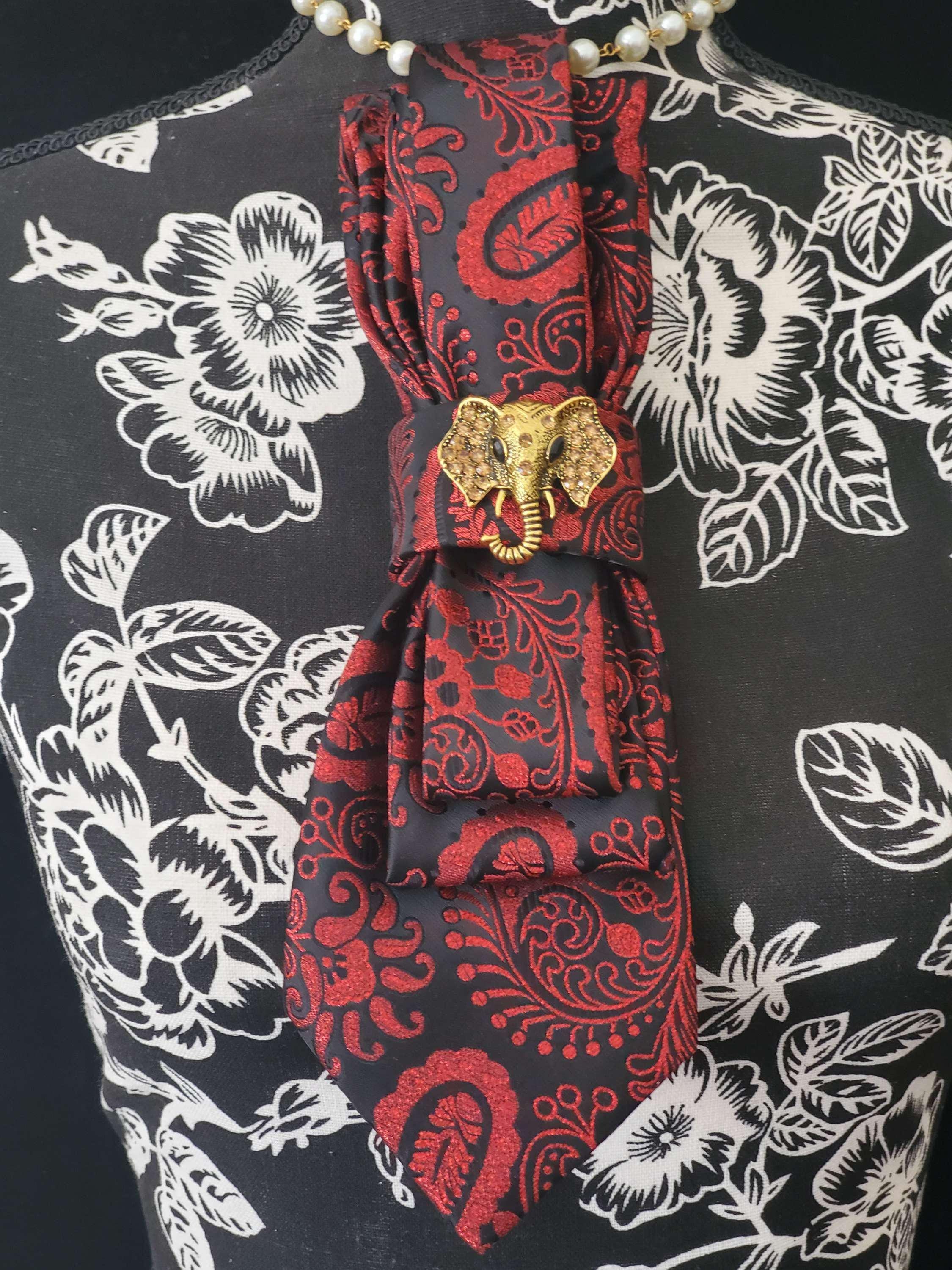 Iridescent Red  Women's Tie- Elephant Brooch Necklace - Handcrafted Statement Jewelry - Brooch Necktie - Stylish Neckwear For Women