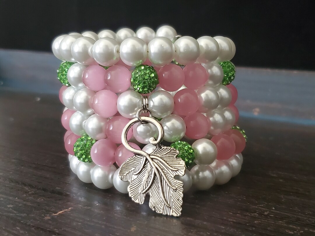 Pink and Green Bracelet Stack, Elegant Pink and Green Jewelry, Pink and