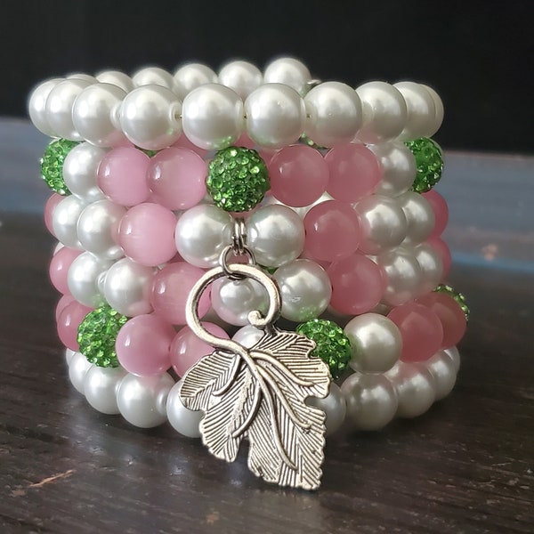 Pink and Green Bracelet Stack, Elegant Pink and Green Jewelry, Pink and Green Memory Wire Bracelet, Pearl and Cat Eye Charm Bracelet Stack