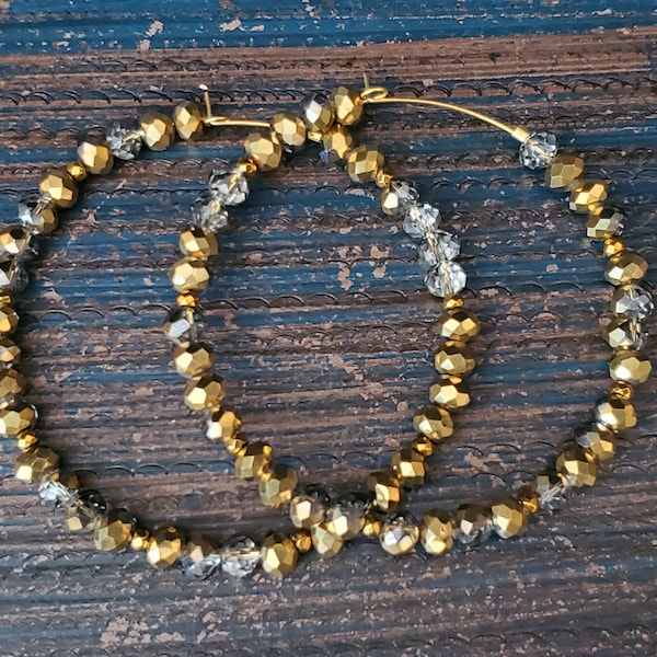 Brown and Gold Bohemian Style Statement Hoop Earrings :  Beaded Hoop Earrings