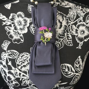 Elegant Gray Floral Bow Silk necklace Tie with Silver Brooch Floral Brooch Necktie Necklace | Gray Silk Tie, Rosary Chain  main image 4