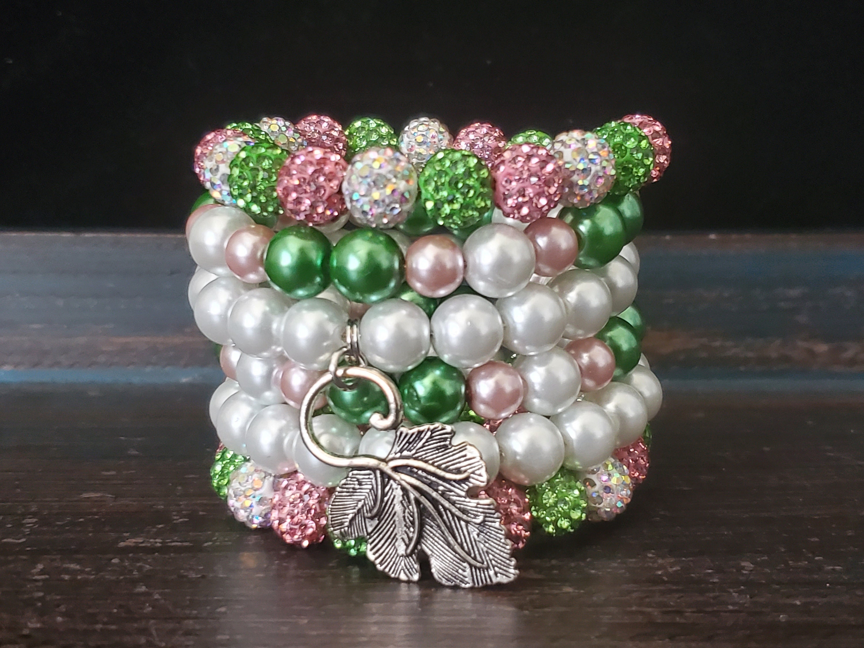 Gold Tone Pink, Green, and White Beaded Set of 14 Stretch Bracelets -  OPC1067 | JTV.com