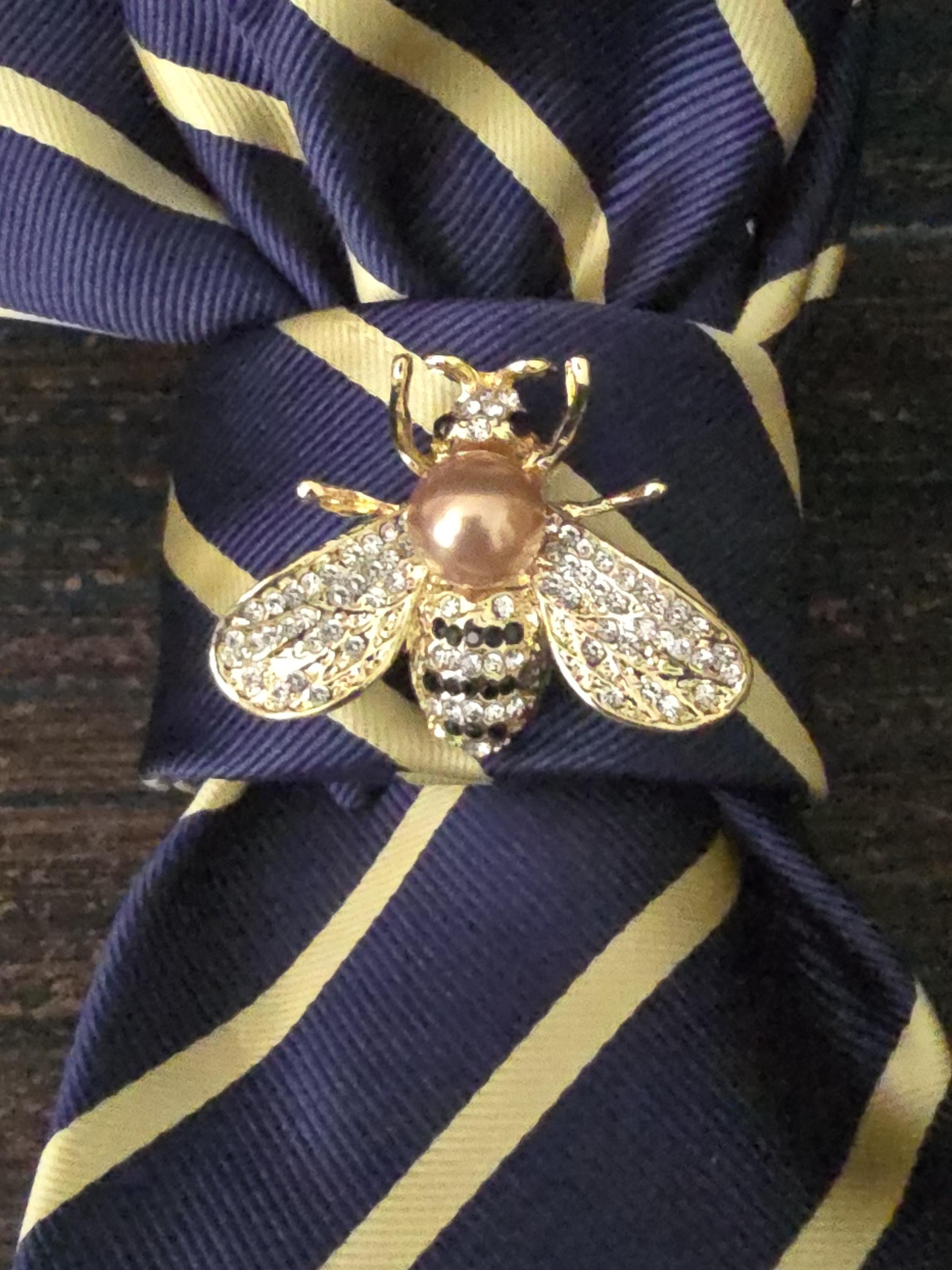 Blue Stripe Silk Necktie Necklace - Rhinestone Bumble Bee  display picture 1