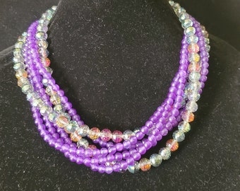 Iridescent Purple Multi Strand Necklace for Women , Chunky Beaded Necklace Handmade, Twisted Statement Neckace