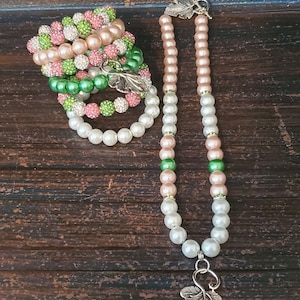Elegant Pink & Green Jewelry, Pink and Green Leaf Charm Bracelet Stack with Necklace,  Pearl Necklace and Bracelet Set