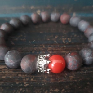 Men&#39;s Jasper Bracelet,  10mm Jasper Gemstone Bracelet For Men,  Men Beaded Stretchy Bracelet, Silver  Crown Bracelet