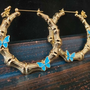 Lightweight Bamboo Butterfly Hoop Earrings, Ex-Large Bamboo Hoop Earrings, Gold Hoop Earrings,  Statement Hoops, Chunky Gold Hoop