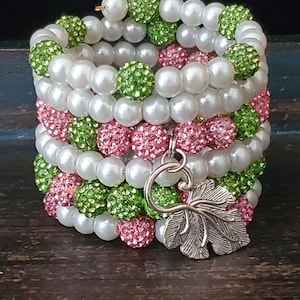 Pearl Bracelet Stack, Pink and Green Pearl Wrap Bracelet,  Elegant Pink and Green Jewelry,  Pink and Green Charm Bracelet, Pearl Stack
