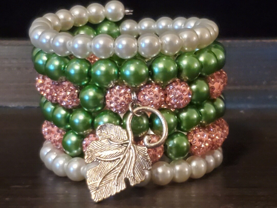 Pearl Pink and Green Bracelet Stack, Pink and Green Multicoil Wrap