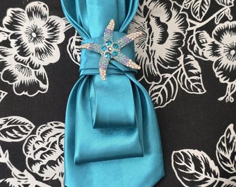 Teal Necktie Necklace: Rhinestone Starfish Brooch, Women's Fashion Tie