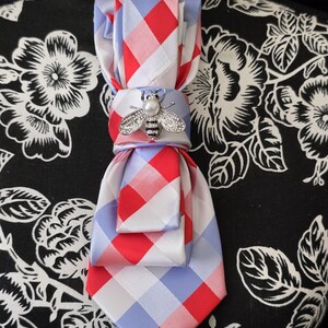 Red, White and Blue Plaid Women's Tie-Brooch Necklace - Handcrafted Statement Jewelry - Brooch Necktie -Stylish Neckwear For Women