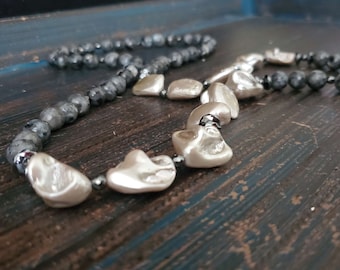 Mother of Pearl Beaded Necklace: Handmade Labradorite Gemstone, 42" Boho Style