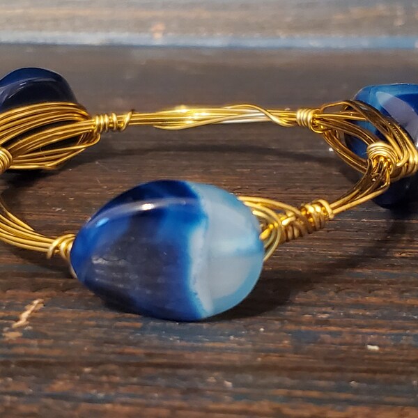 Gold Bangle Bracelet for Women - Three Stone Wire Wrapped Bangle, Stackable Gemstone Bangles, Blue Statement Bangle