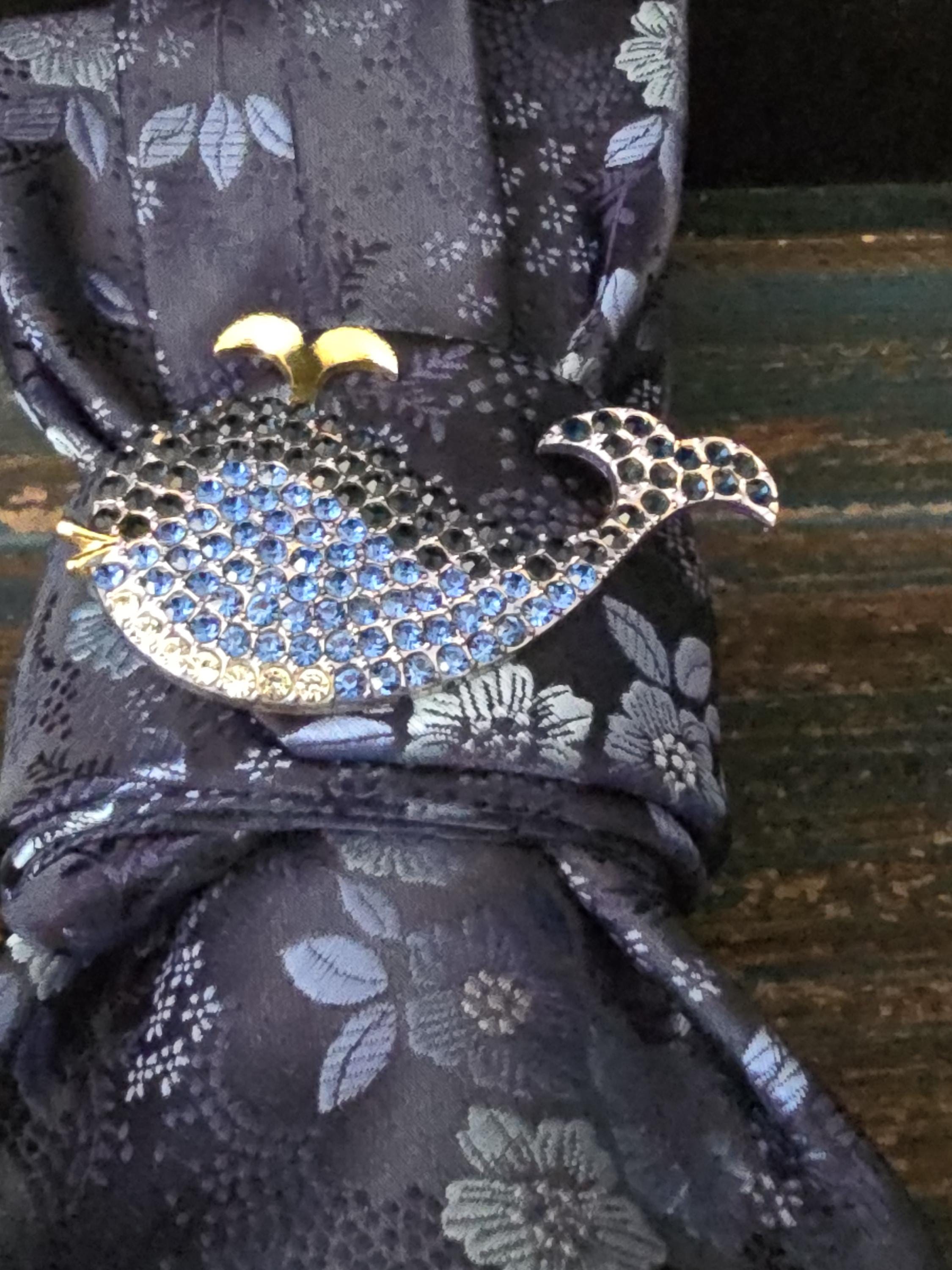 Blue Floral Silk Tie Necklace: Rhinestone Brooch, Handmade  display picture 3