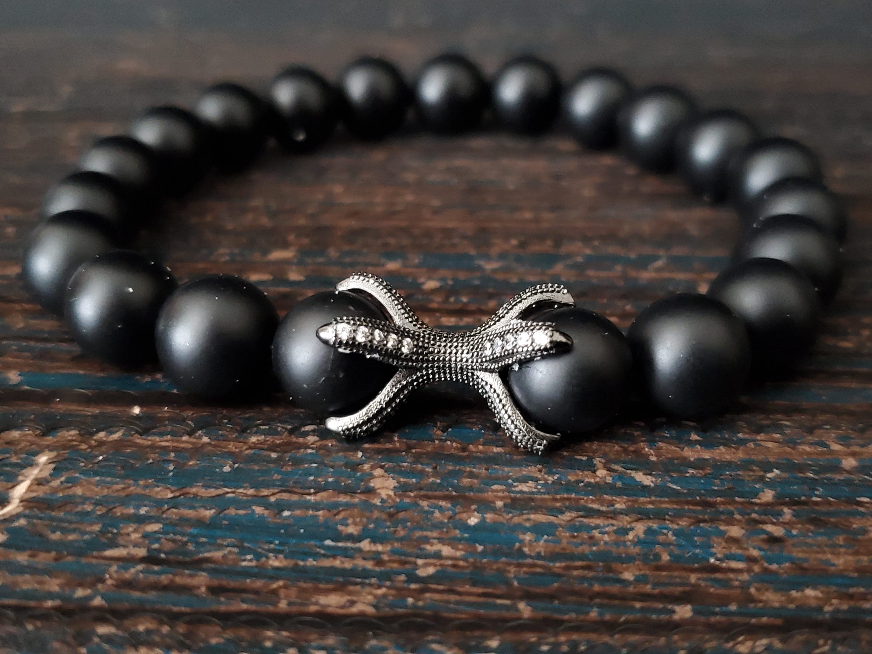 Mens Beaded Bracelet, Luxury Men's Black Eagle Claw Bracelet, 10mm Black Onyx Gemstone Bracelet For Men, Men Beaded Stretchy Bracelet