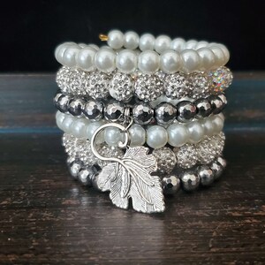 Simple Pearl Bracelet Stack, Multi-Coil Pearl and Silver Wrap Bracelet, Elegant Pearl Jewelry, Leaf Charm Bracelet, Pearl Bracelet Stack