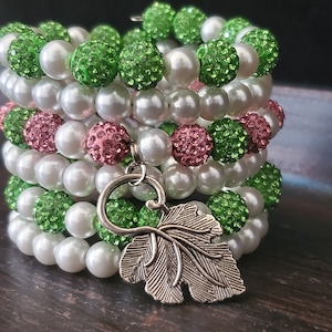 Pearl Bracelet Stack, Pink and Green Pearl Wrap Bracelet,  Elegant Pink and Green Jewelry,  Pink and Green Charm Bracelet