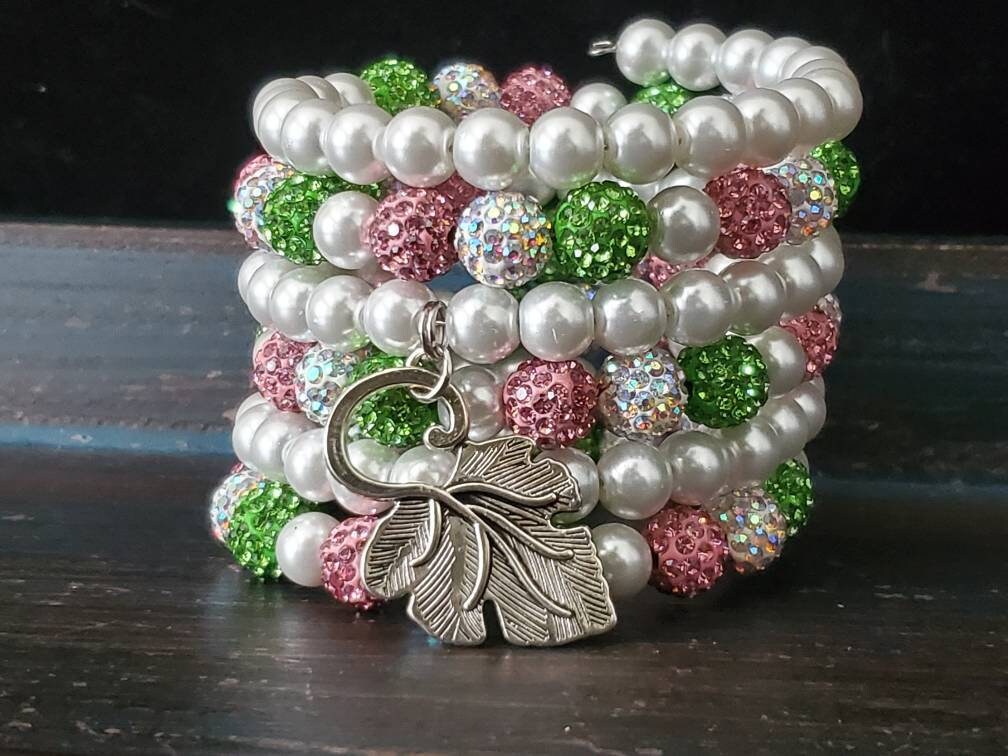 Pink and Green Pearl Bracelet Stack Pink and Green Pearl Wrap Etsy