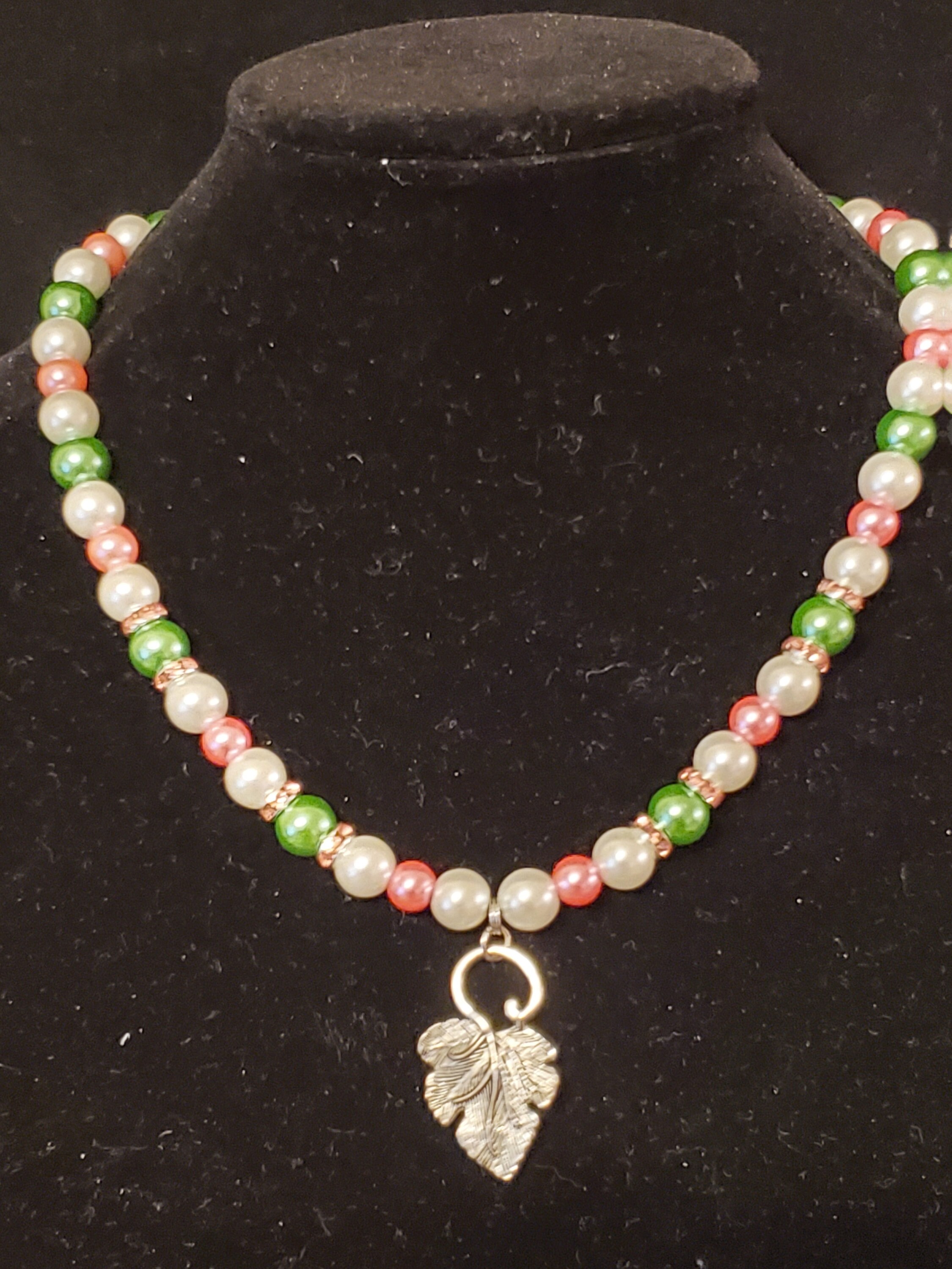 Pink and Green Pearl Necklace, Pink and Green Ivy Leaf Necklace