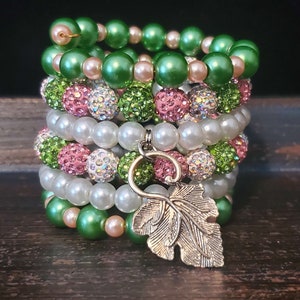 Pink and Green Bracelet Stack, Pink and Green Pearl Wrap Bracelet,  Elegant Pink and Green Jewelry, Ivy Charm Wrap Bracelet