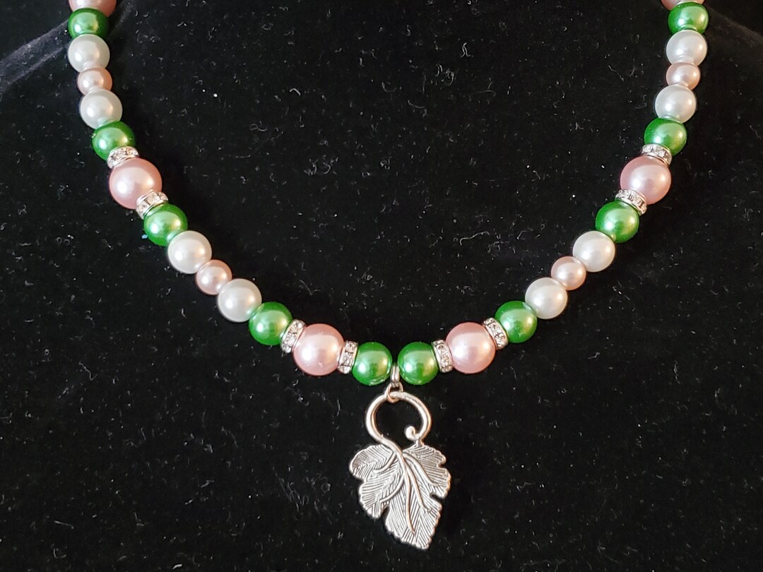 Pink and Green Pearl Charm Necklace, Pink and Green Ivy Leaf Necklace