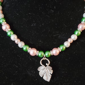 Pink and Green Pearl Charm Necklace, Pink and Green Ivy Leaf Necklace, Elegant Pink and Green Jewelry