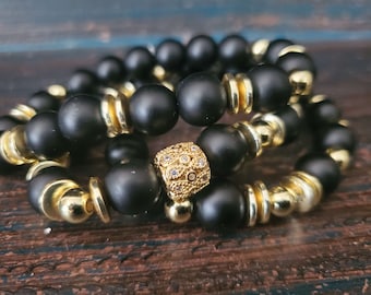 Onyx & Gold Beaded Bracelet Stack for Women, Beaded Stacked Bracelet Set, Black Onyx and Gold Beaded Bracelet Stack