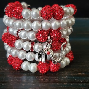Red and White Charm Bracelet, Pearl Bracelet Stack, Red and White Pearl Wrap Bracelet,  Elegant Red and White Jewelry,