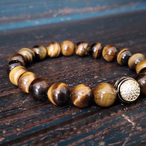 Luxury Tiger Eye Mens Bracelet,  Men Beaded Stretchy Bracelet,  10mm Tiger Eye Gemstone Bracelet For Men,  Tiger Eye Bracelet