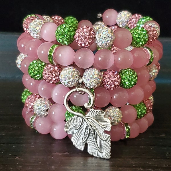 Pink Cat Eye Bracelet Stack, Pink and Green Memory Wire Bracelet, Pink and Green Bracelet Stack, Elegant Pink and Green Jewelry