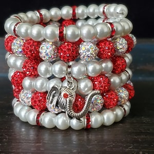 Pearl Bracelet Stack, Red and White Pearl Wrap Bracelet,  Elegant Red and White Jewelry,  Red and White Charm Bracelet
