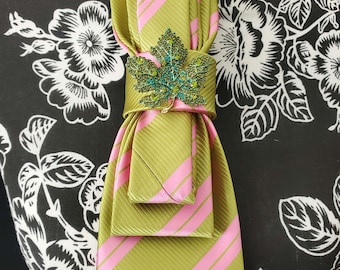 Pink and Green Stripe Ivy Brooch Women&#39;s Necktie Necklace - Handcrafted Statement Jewelry - Green Ivy Brooch Necktie For Women