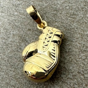 High Polish 14k Yellow Gold 3D Boxing Glove Charm Sports Pendant with or without Rolo Cable Chain Necklace
