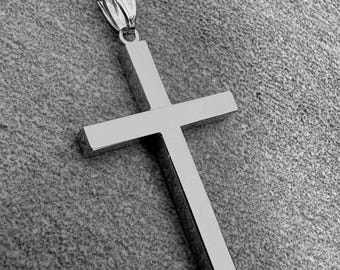 14k White Gold Classic and Traditional Simple Engraveable Religious Hollow Cross Pendant Necklace ( 38mm x 20mm )