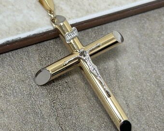Crucifijo INRI de oro de 14 k: Cruz religiosa bicolor de 5 cm