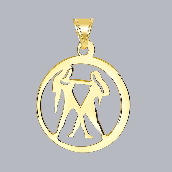 Solid 14k Yellow Gold Round Shaped Open Gemini Twins Holding Each-Other Zodiac Pendant