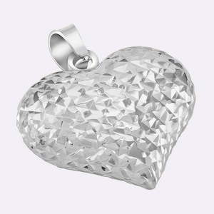 14k White Gold Textured Sparkle-Cut 3-D Puffed Heart Charm Pendant Necklace