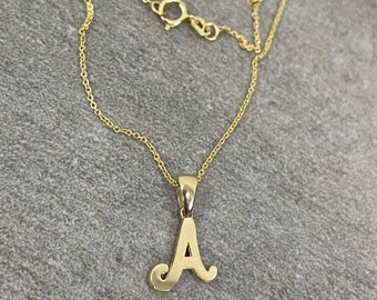 Solid 14k Yellow Gold Mini Script Initial Charm Cursive Letter Pendant Necklace