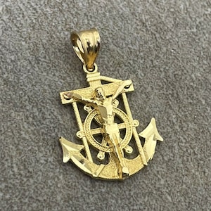 Solid 14k Gold Anchor with Jesus Crucifix Charm Mariner Cross Pendant Necklace - Height 1 inch