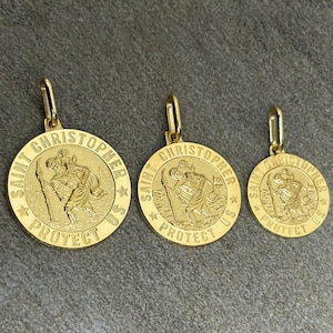 Solid 14k Yellow Gold Protect Us Saint Christopher Round Medallion Pendant - 3 Sizes Engravable Back