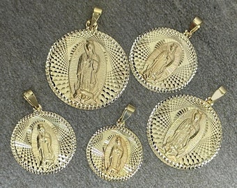 Solid 14k Yellow Gold Engravable Our Lady Of Guadalupe Round Medallion Pendant Necklace - 5 Sizes