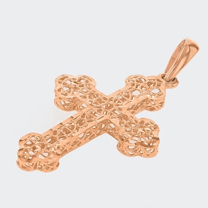 Handcrafted Textured 14K Rose Gold Eastern Orthodox Cross Charm Pendant Necklace with Filigree Design