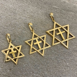 14k Yellow Gold Judeo-Christian Charm Hebrew Star of David with Christian Cross Pendant Necklace - 3 Sizes Available