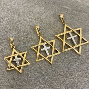 14k Yellow Gold Judeo-Christian Charm Two-Tone Hebrew Star of David with Christian Cross Pendant Necklace - 3 Sizes Available