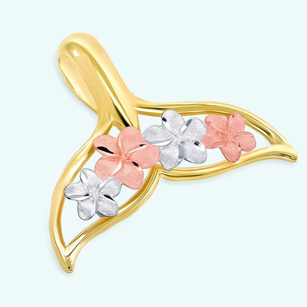 Solid 14k Yellow Gold and Rose Gold Open Tri-Tone Whale Tail with Textured Hawaiian Plumeria Flower Pendant Sea Life Animal Jewelry