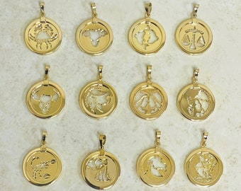 14k Yellow Gold Cut-Out Zodiac Pendant Necklace Aries Taurus Gemini Cancer Leo Virgo Libra Scorpio Sagittarius Capricorn Aquarius Pisces, 1"