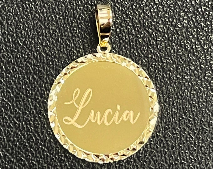 Solid 14k Yellow Gold Engravable Circle Charm Textured and Polished