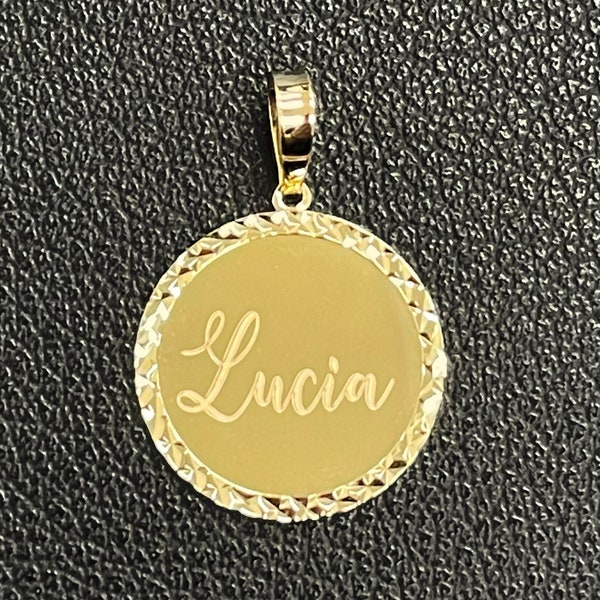 Solid 14k Yellow Gold Engravable Circle Charm Textured and Polished Personalized Round Plain Disc Charm Pendant Necklace