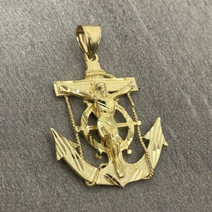 Solid 14k Yellow Gold Large Anchor with Jesus Crucifix Charm Mariner Cross Pendant - Height 2 inch (51mm)