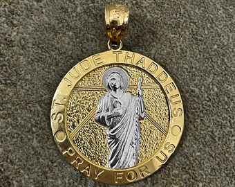 14k Yellow Gold St. Jude Thaddeus Pray For Us Round Medallion Two Tone Saint Jude Circle Medal Pendant
